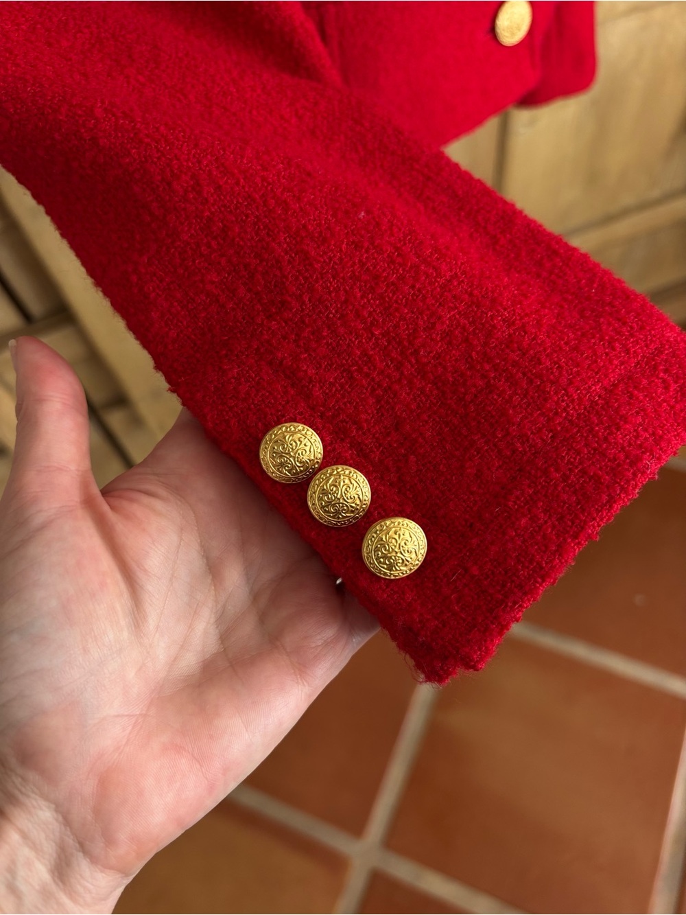 Virgin Wool Red Gold Button Blazer XS Military Luxe Holiday Y2K The Limited Fall - Picture 5 of 13